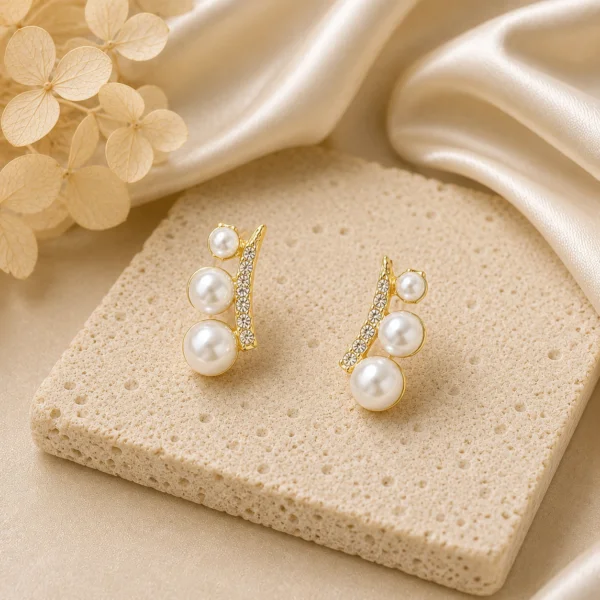 Curved Pearl Crystal Bar Earrings for Women
