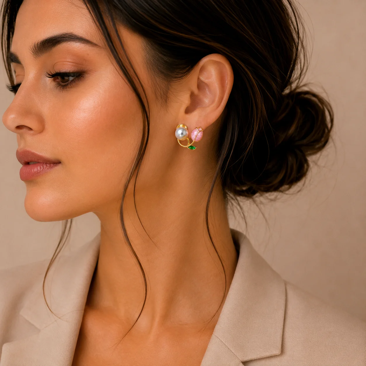 Double Tulip Pearl Stud Earrings for Women - Image 2