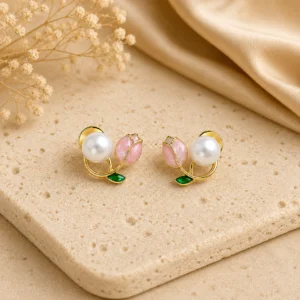 Double Tulip Pearl Stud Earrings for Women - Image 3