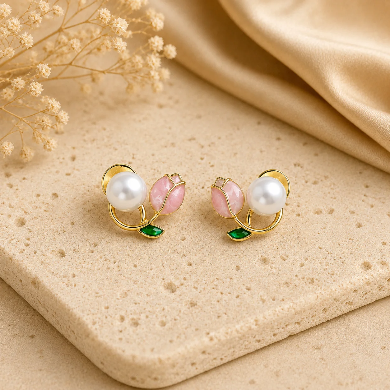 Double Tulip Pearl Stud Earrings for Women - Image 3