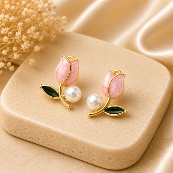 Enamel Tulip Pearl Stud Earrings for Women