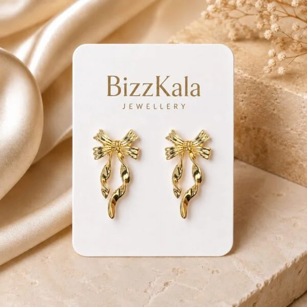 Gold Ribbon Bow Drop Earrings for Women