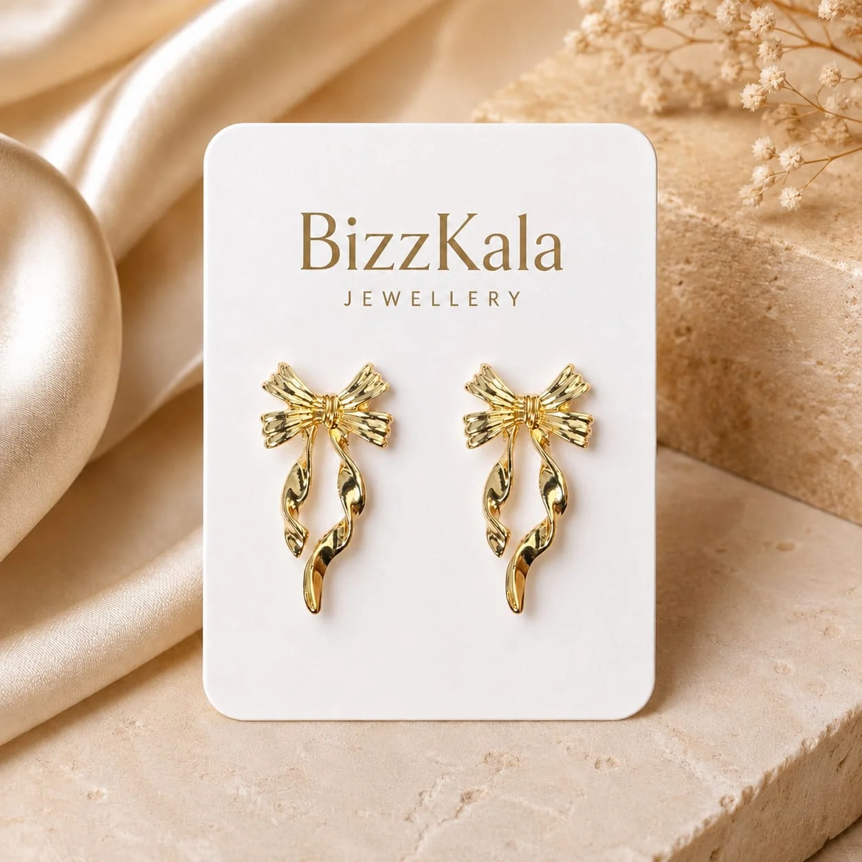 Gold Ribbon Bow Drop Earrings for Women - Image 1