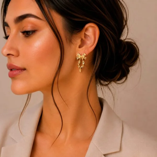 Gold Ribbon Bow Drop Earrings for Women