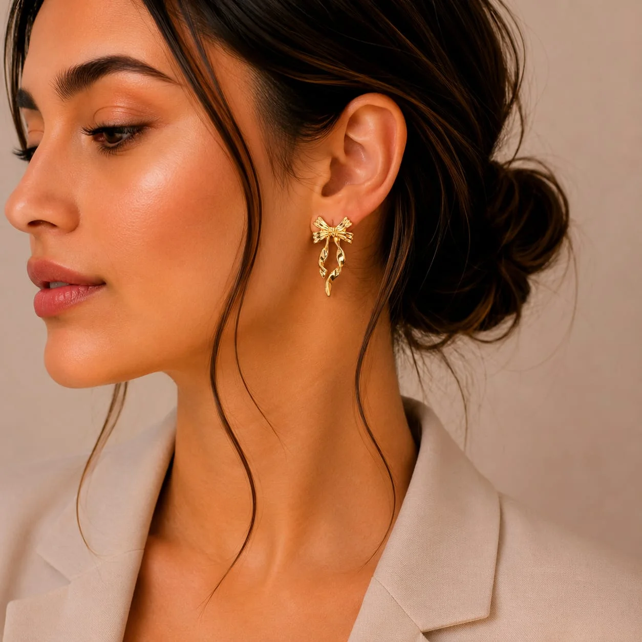 Gold Ribbon Bow Drop Earrings for Women - Image 2