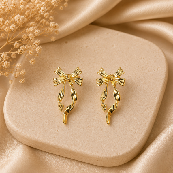 Gold Ribbon Bow Drop Earrings for Women