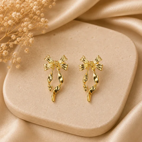 Gold Ribbon Bow Drop Earrings for Women