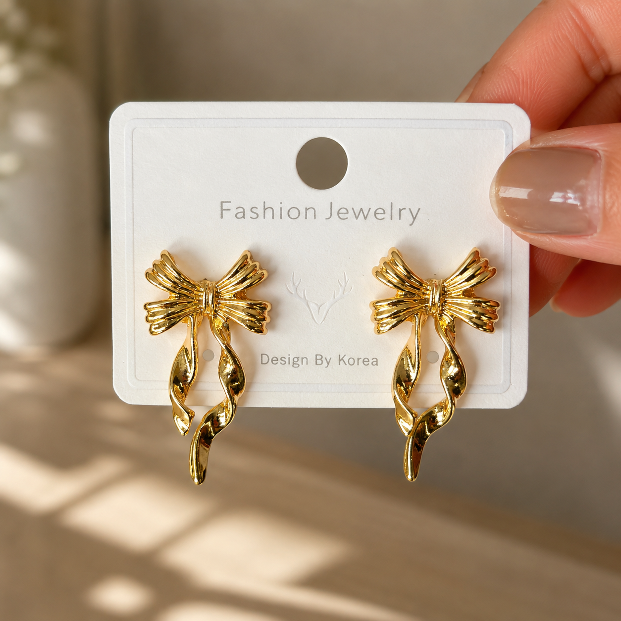 Gold Ribbon Bow Drop Earrings for Women - Image 4