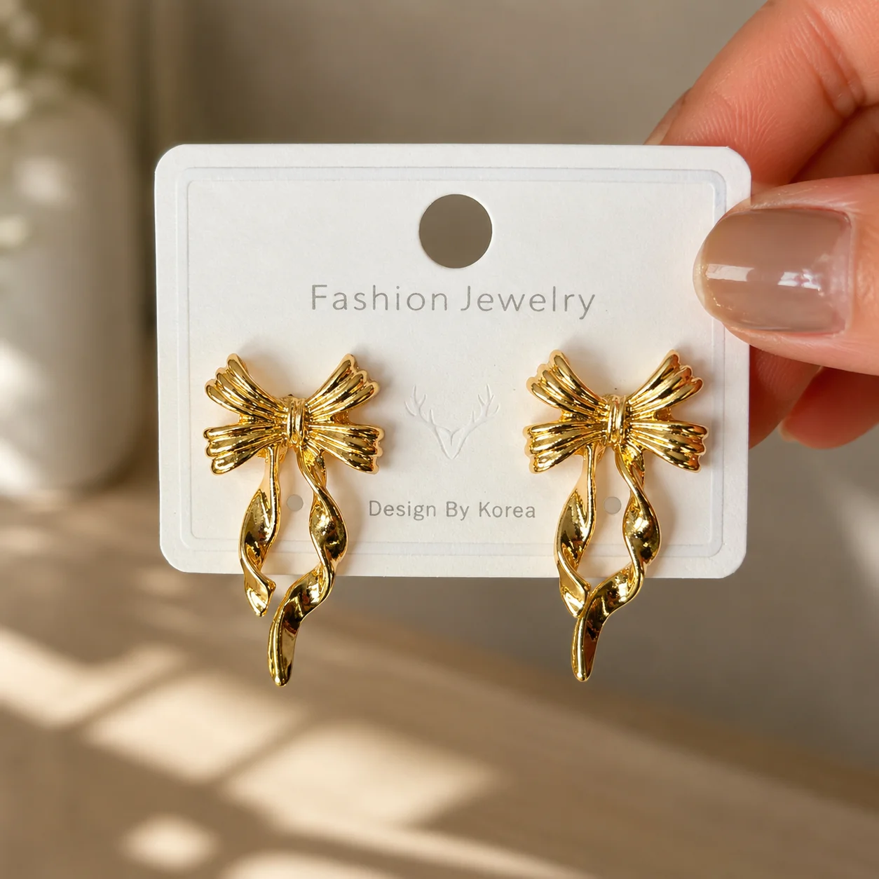 Gold Ribbon Bow Drop Earrings for Women - Image 4
