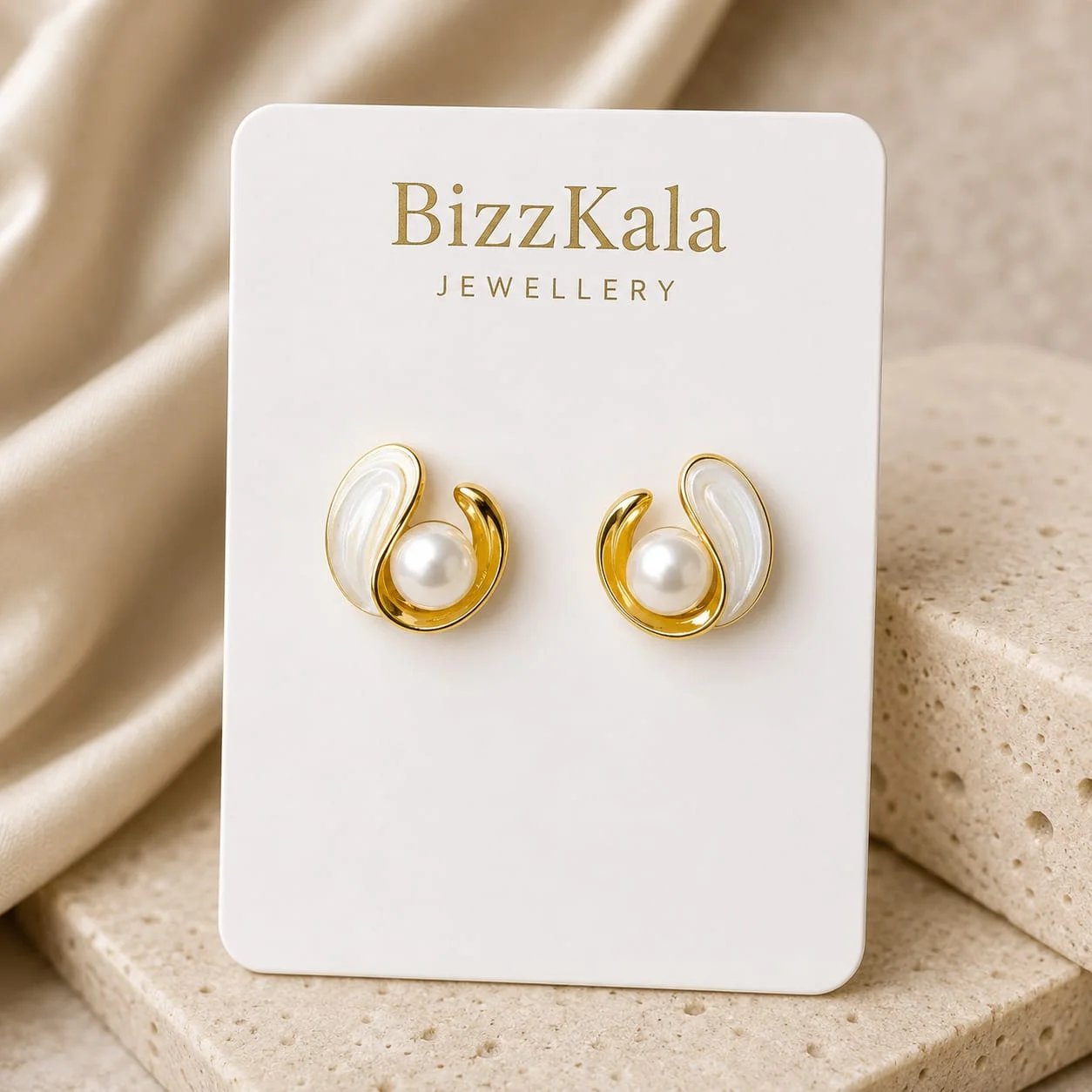 Gold Swirl Pearl Stud Earrings for Women - Image 1
