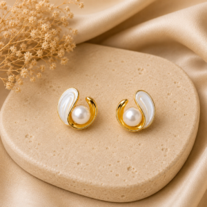 Gold Swirl Pearl Stud Earrings for Women - Image 3