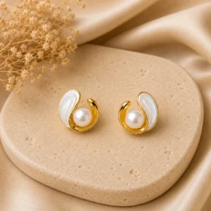 Gold Swirl Pearl Stud Earrings for Women - Image 3