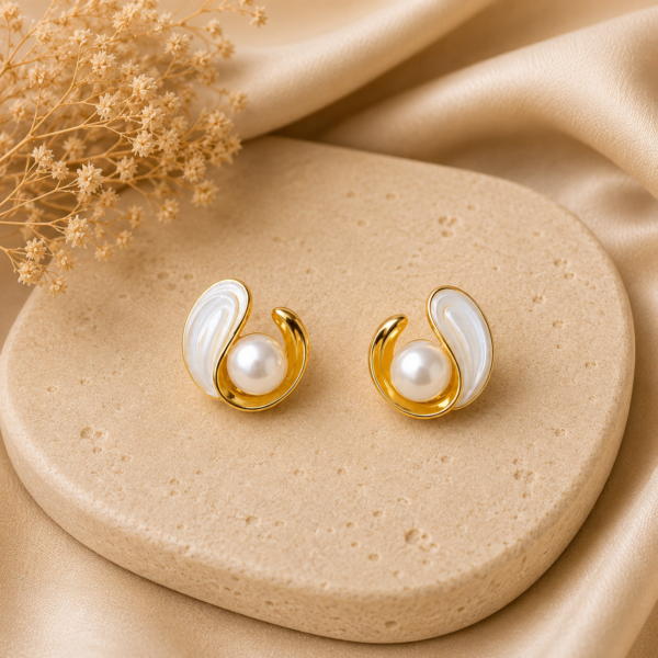Gold Swirl Pearl Stud Earrings for Women