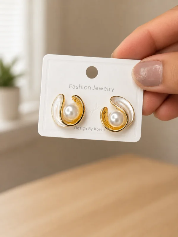 Gold Swirl Pearl Stud Earrings for Women