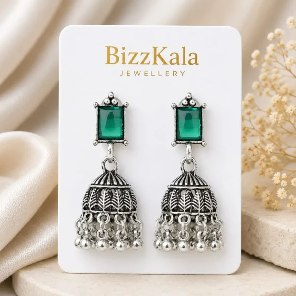 Green Stone Oxidised Jhumka for Women