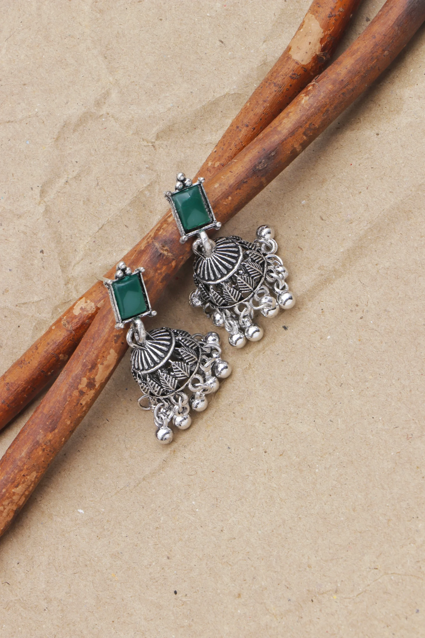 Green Stone Oxidised Jhumka for Women - Image 3