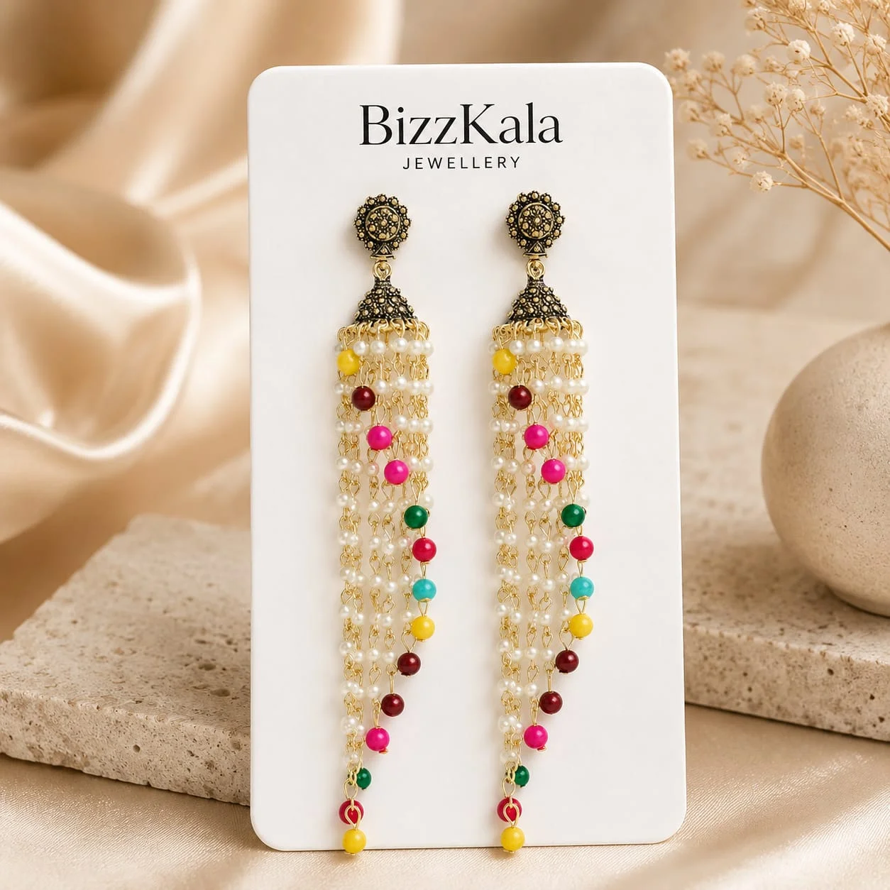 Multicolor Pearl Chain Jhumka for Women - Image 1