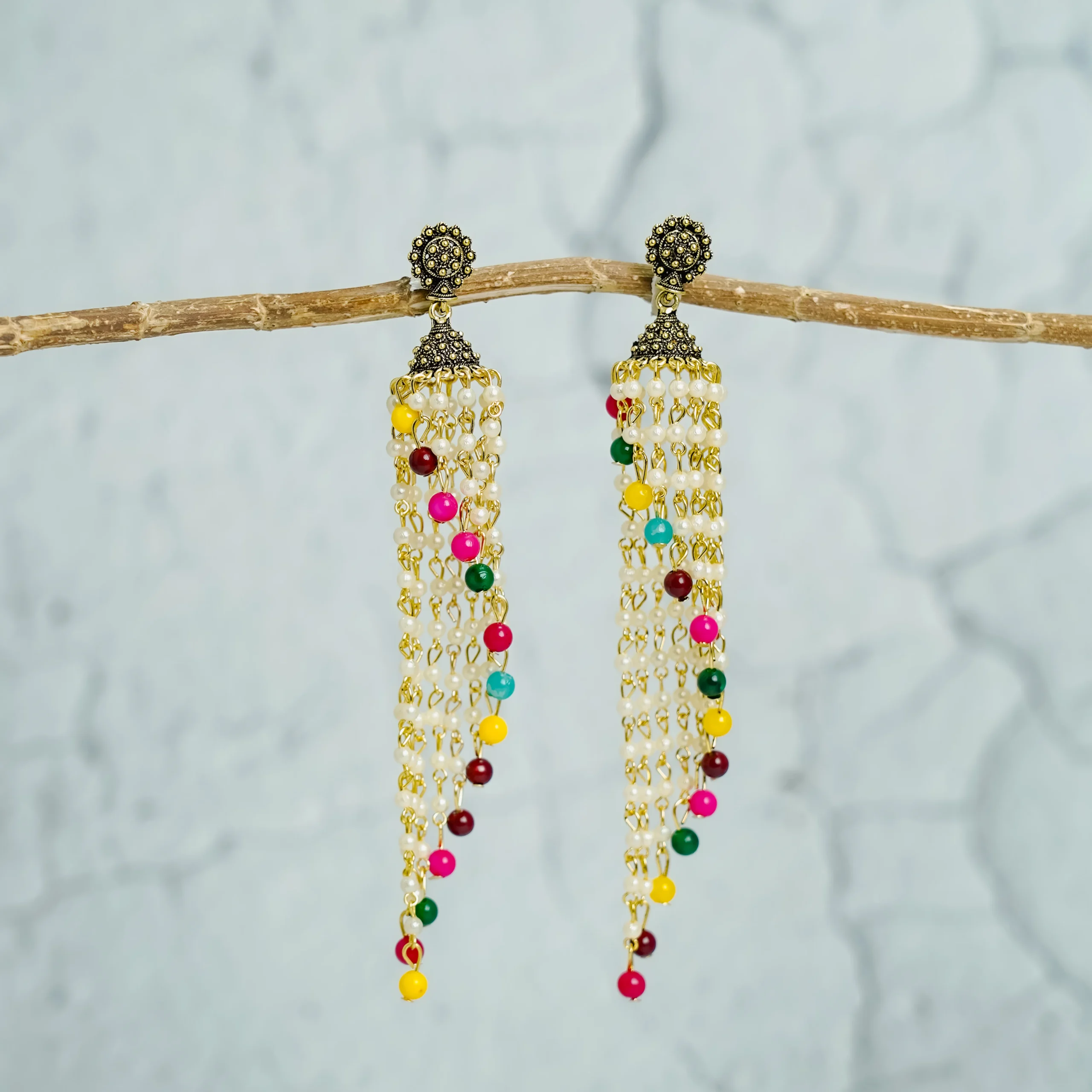 Multicolor Pearl Chain Jhumka for Women - Image 3