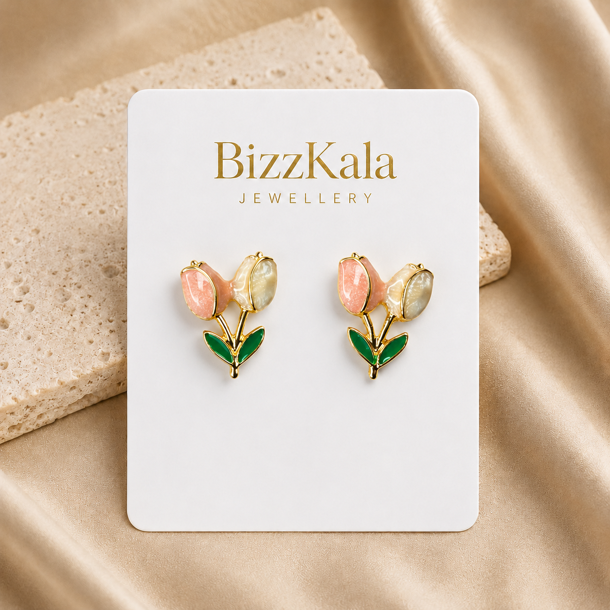 Peach Enamel Tulip Stud Earrings for Women - Image 1