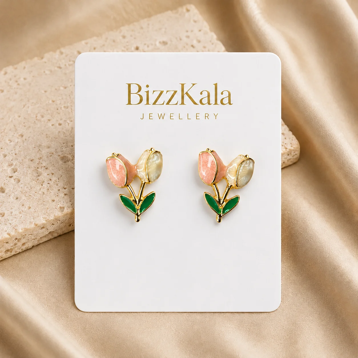 Peach Enamel Tulip Stud Earrings for Women - Image 1