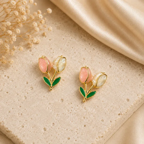 Peach Enamel Tulip Stud Earrings for Women