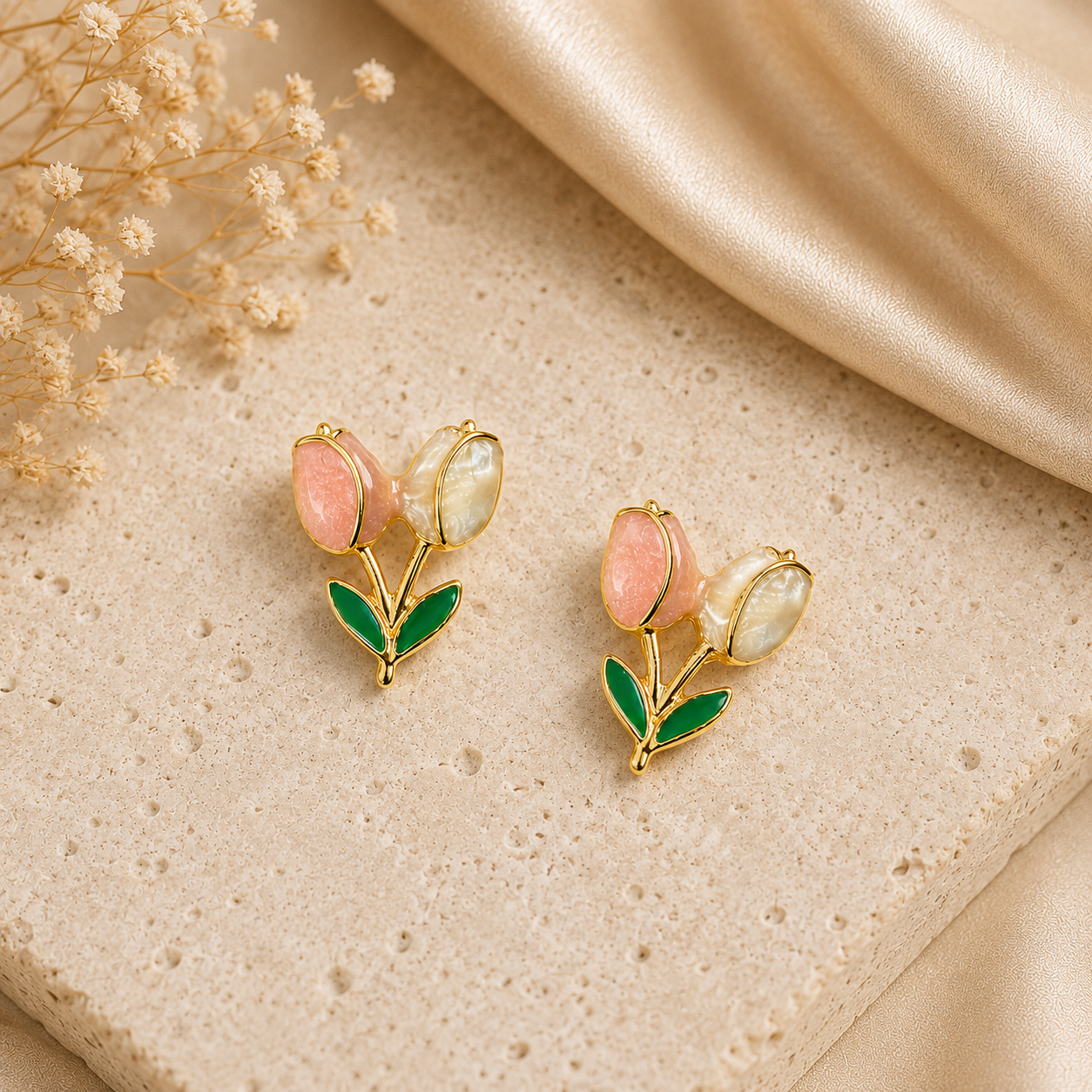 Peach Enamel Tulip Stud Earrings for Women - Image 3