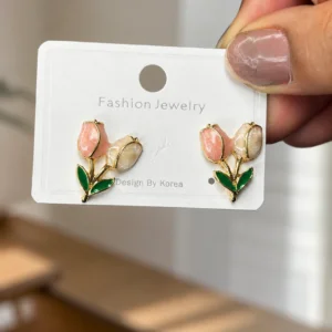 Peach Enamel Tulip Stud Earrings for Women - Image 4