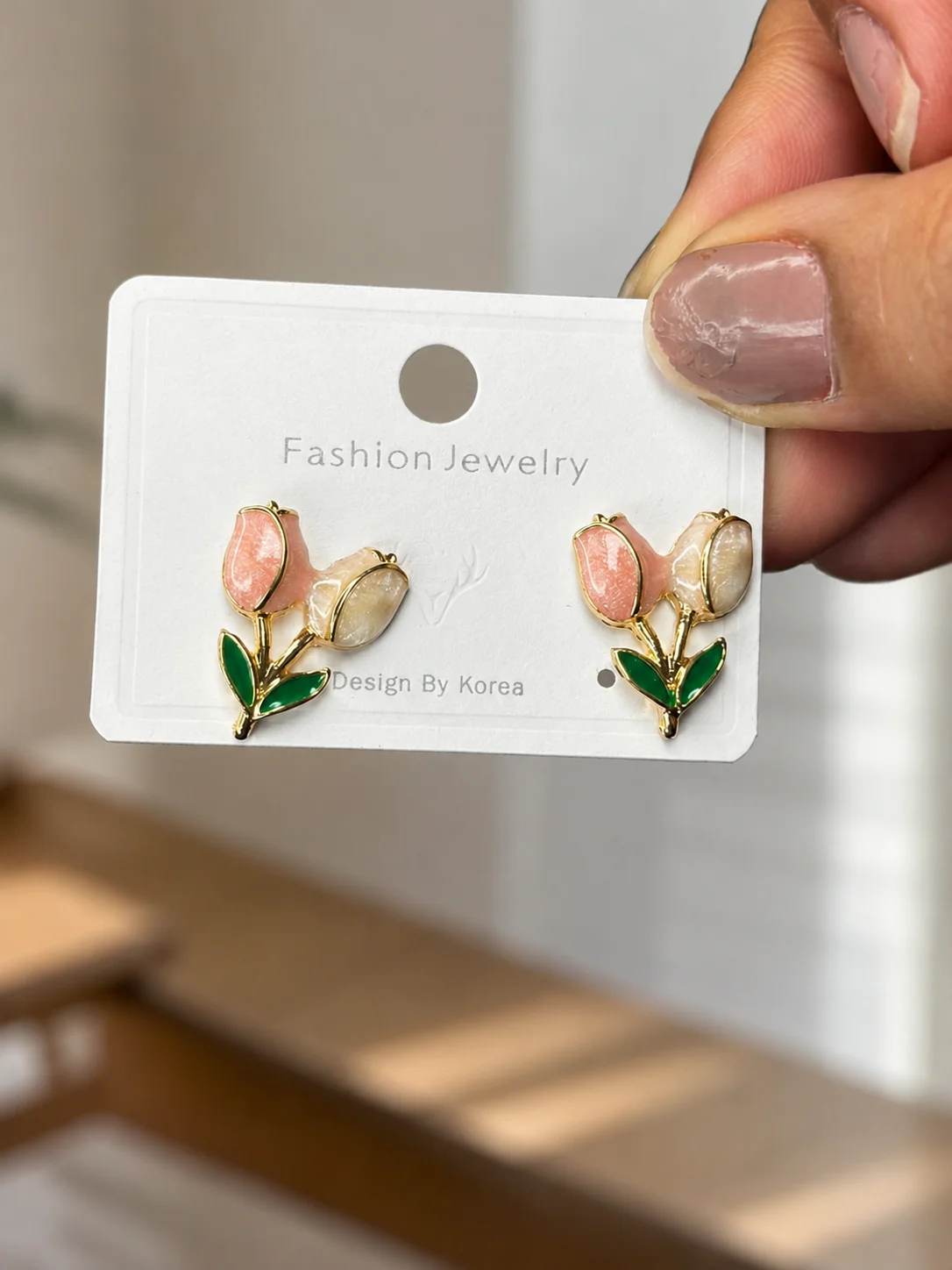 Peach Enamel Tulip Stud Earrings for Women - Image 4