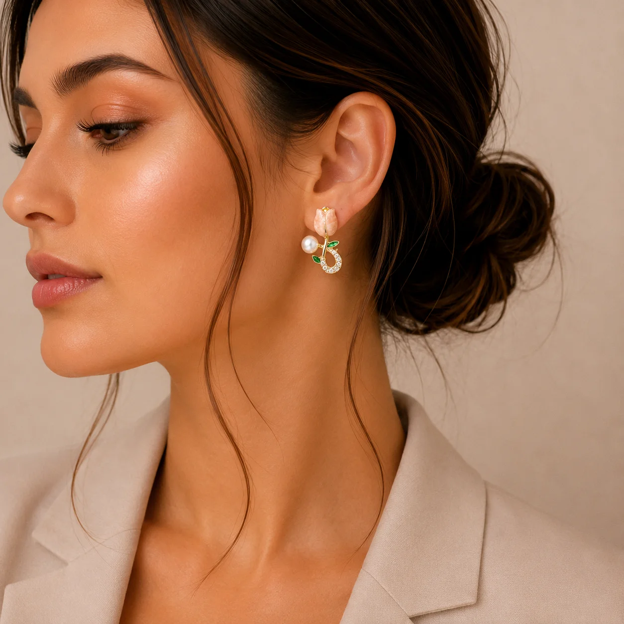 Peach Tulip Pearl Earrings for Women - Image 2