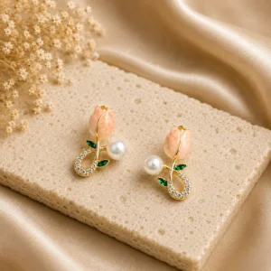 Peach Tulip Pearl Earrings for Women - Image 3