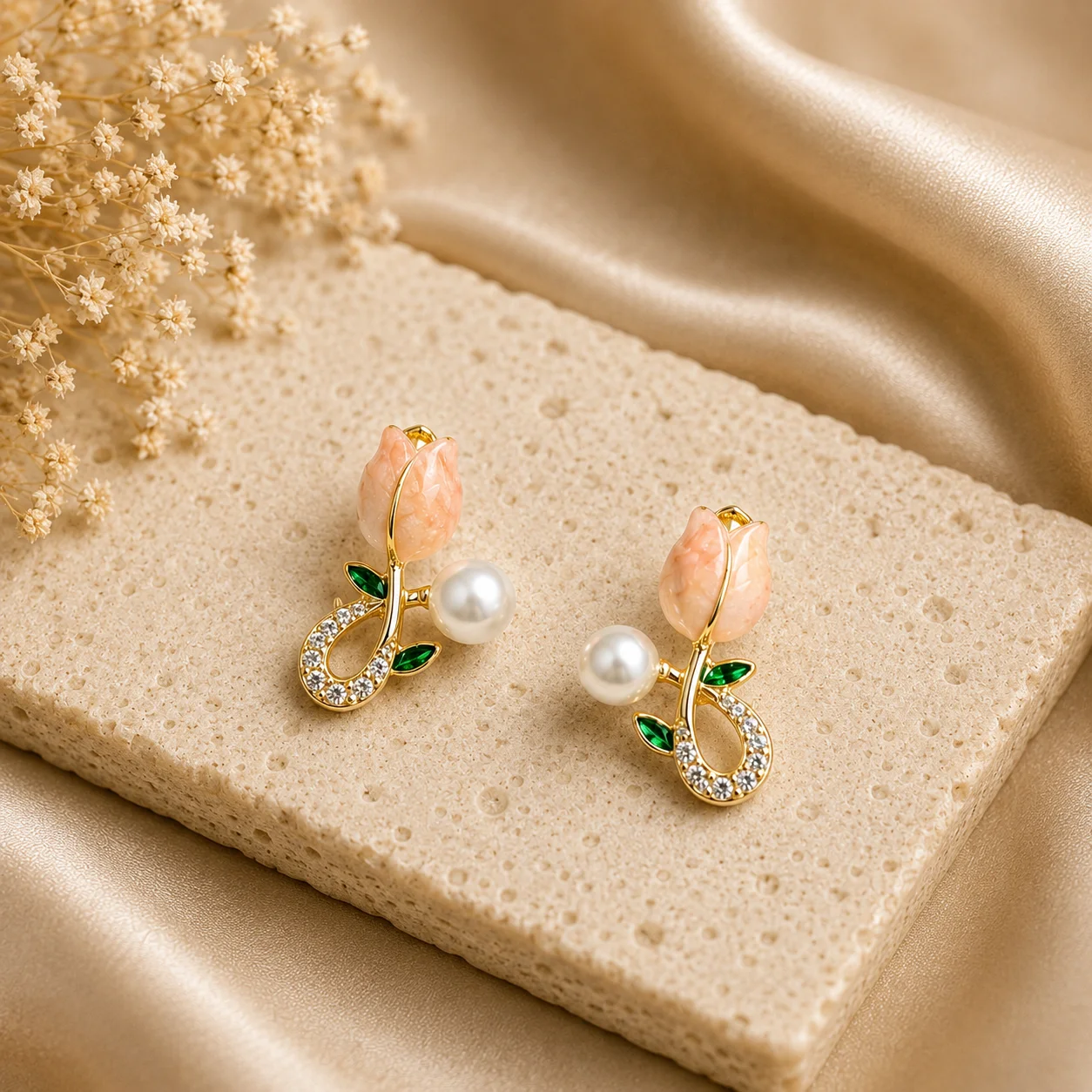 Peach Tulip Pearl Earrings for Women - Image 3
