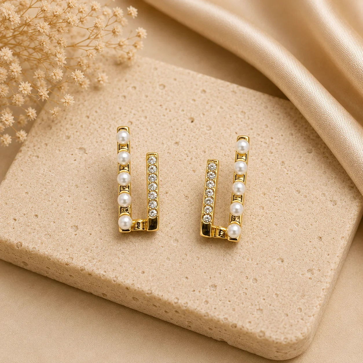 Pearl Crystal U-Shape Earrings for Women - Image 3