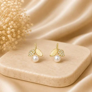 Yellow Leaf Pearl Drop Earrings for Women - Image 3
