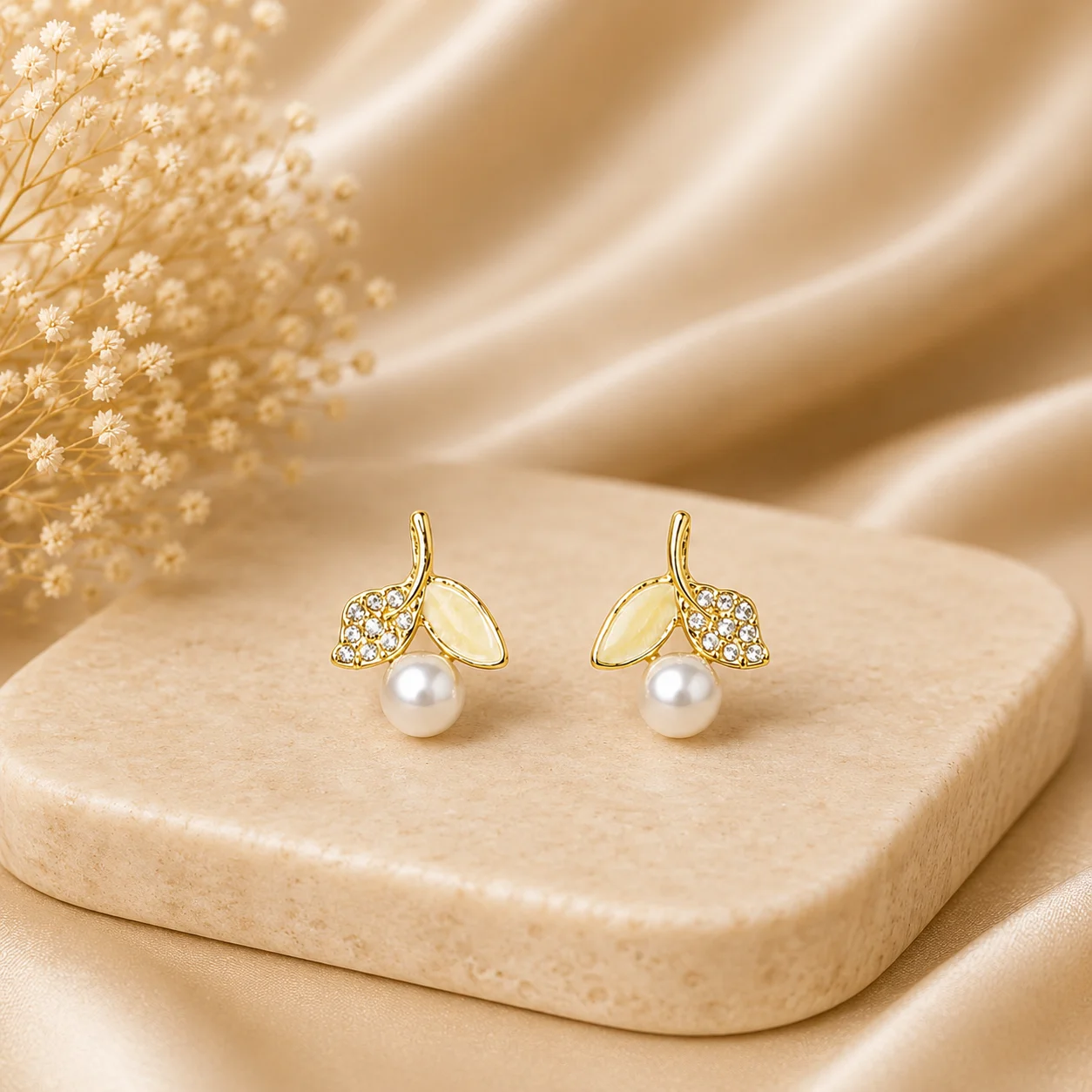 Yellow Leaf Pearl Drop Earrings for Women - Image 3