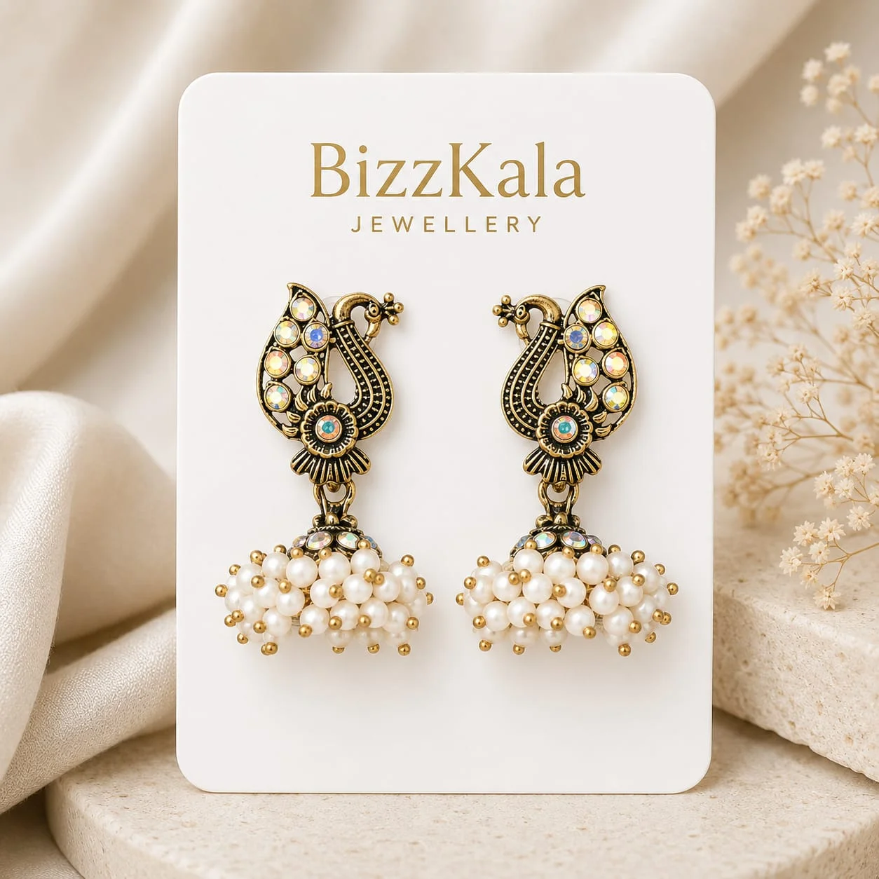 Antique Pearl Peacock Jhumka for Women - Image 1