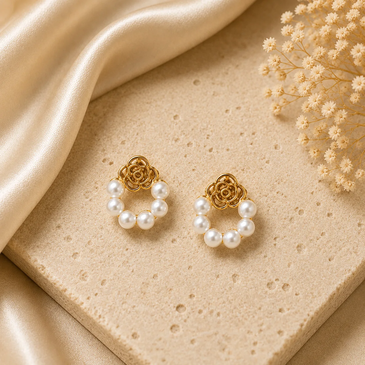 Pearl Rose Flower Stud Earrings for Women - Image 3