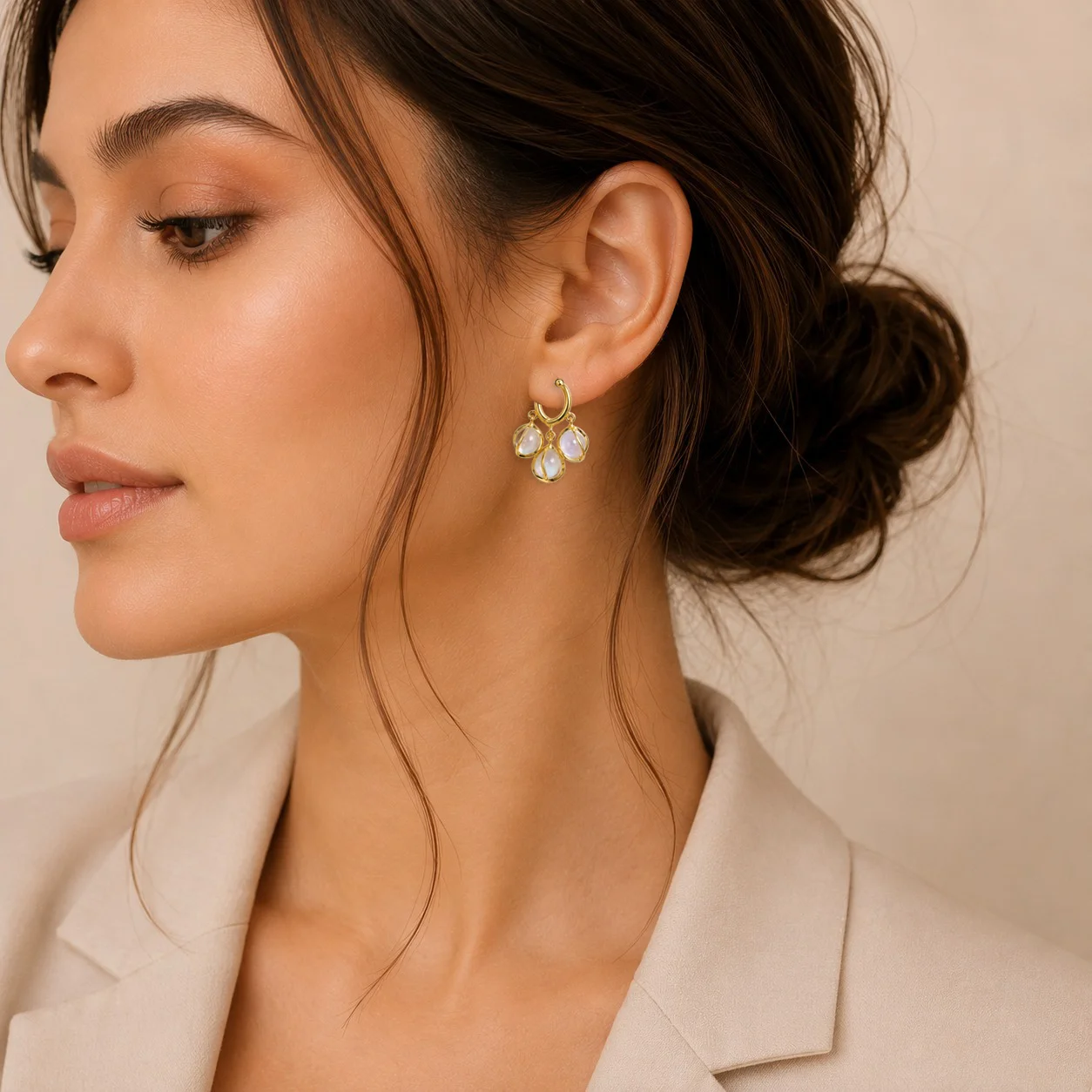 Pearl Triple Drop Hoop Earrings for Women - Image 2