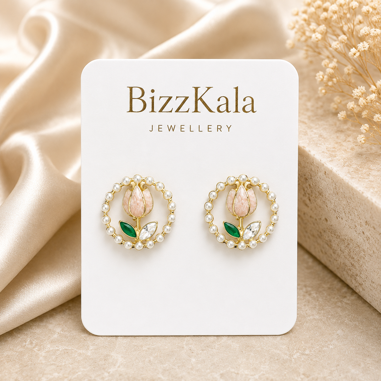 Pearl Tulip Wreath Stud Earrings for Women - Image 1