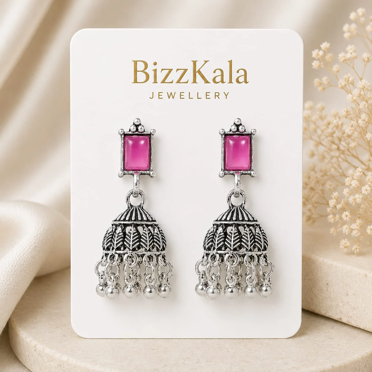 Pink Stone Oxidised Jhumka for Women - Image 1