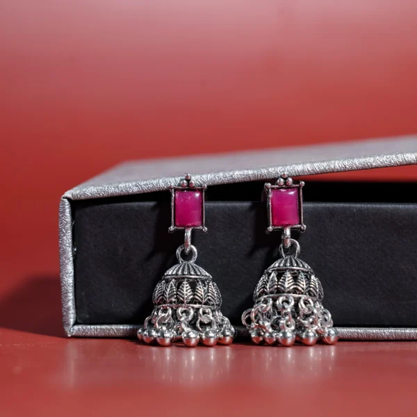 Pink Stone Oxidised Jhumka for Women