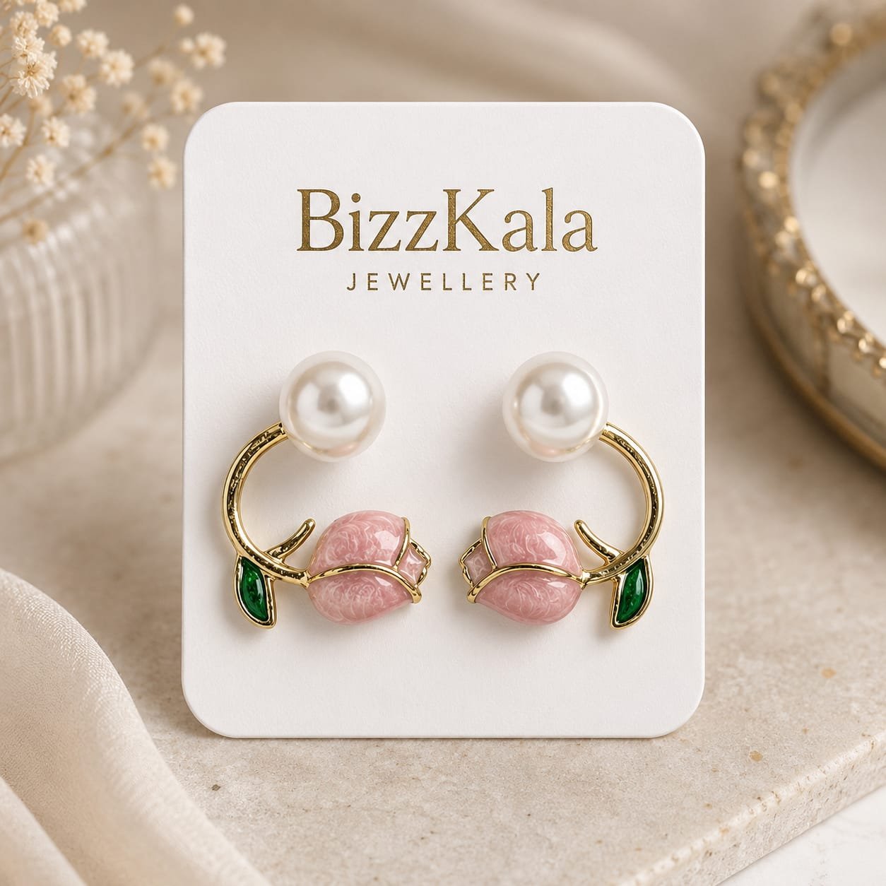Pink Tulip Pearl Stud Earrings for Women - Image 1