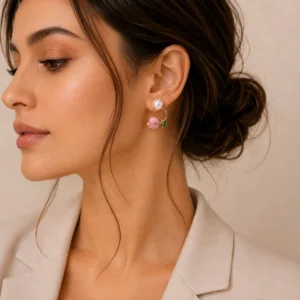 Pink Tulip Pearl Stud Earrings for Women - Image 2