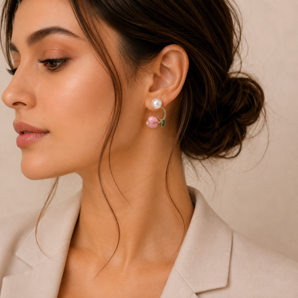 Pink Tulip Pearl Stud Earrings for Women