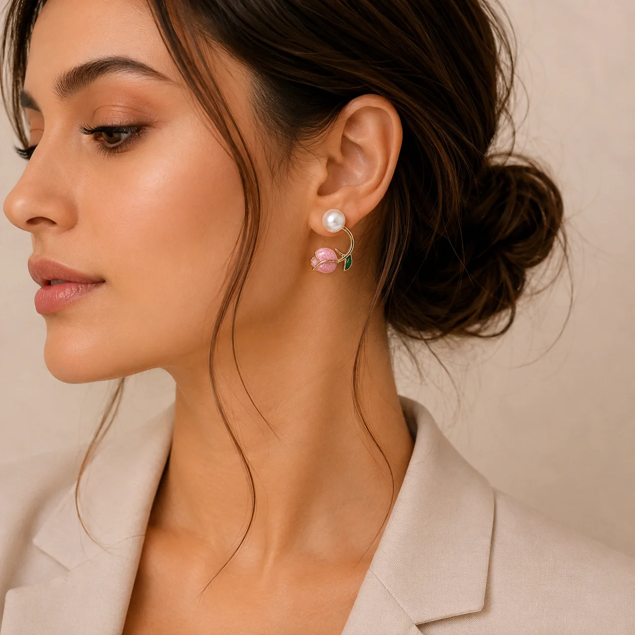 Pink Tulip Pearl Stud Earrings for Women - Image 2