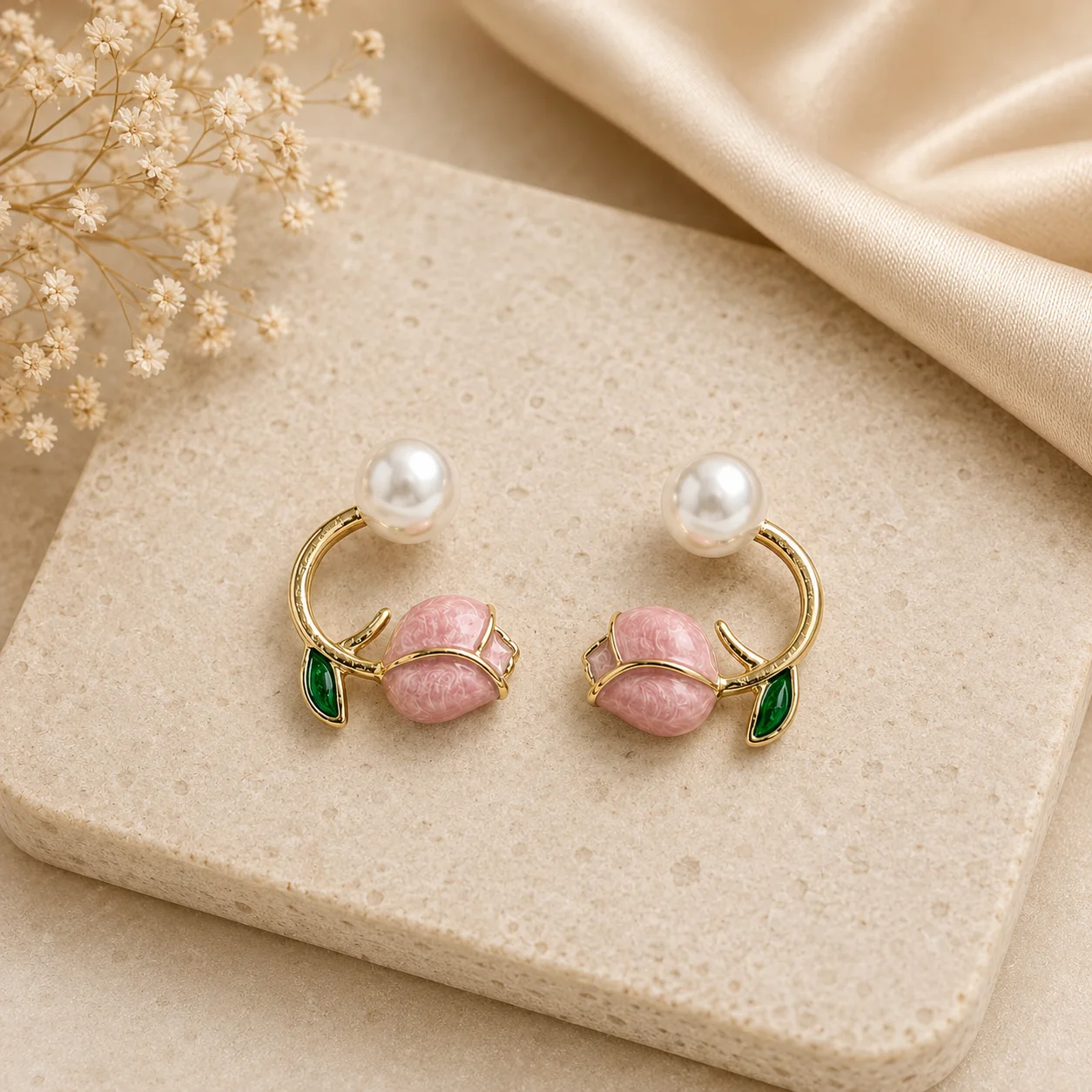 Pink Tulip Pearl Stud Earrings for Women - Image 3