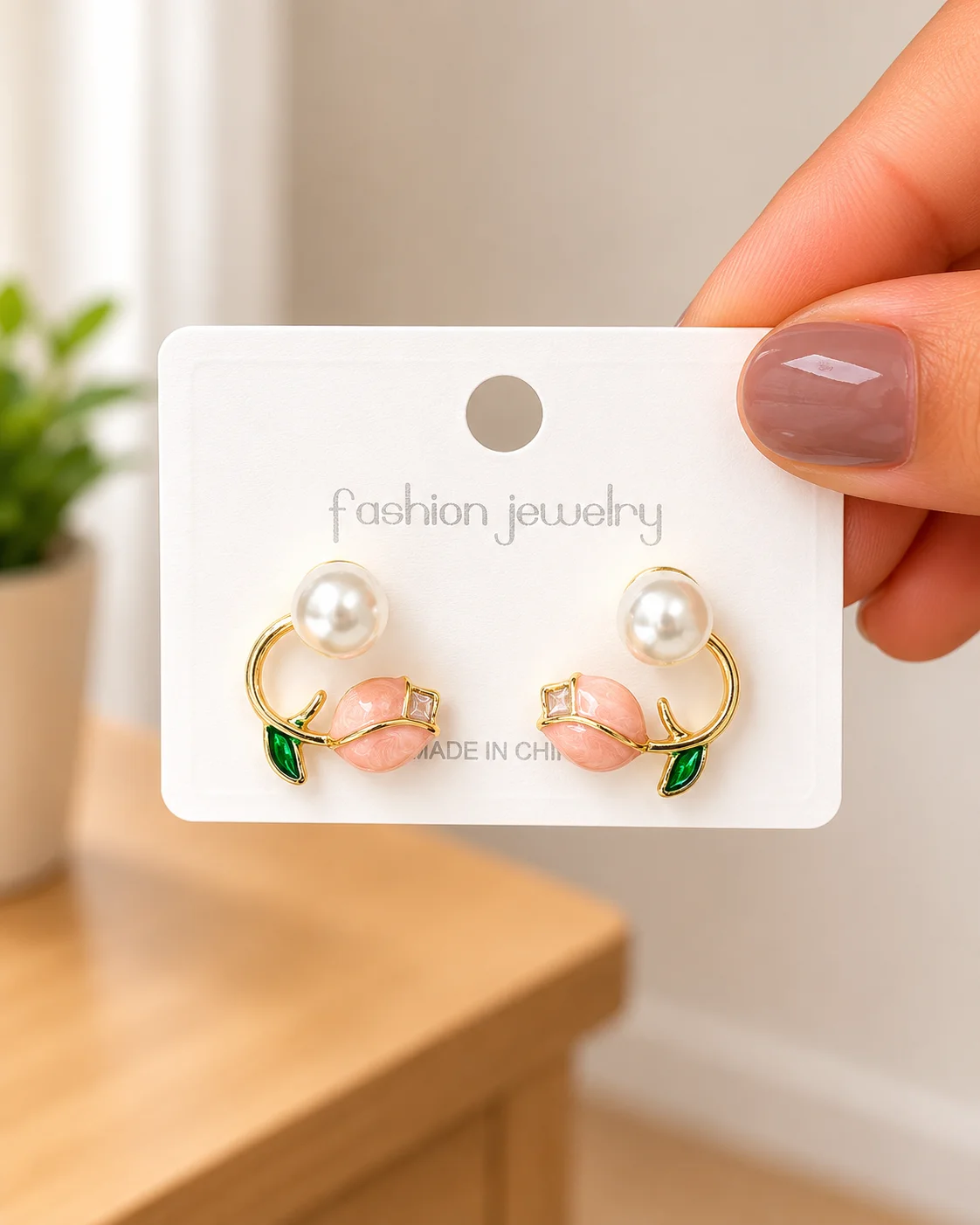 Pink Tulip Pearl Stud Earrings for Women - Image 4