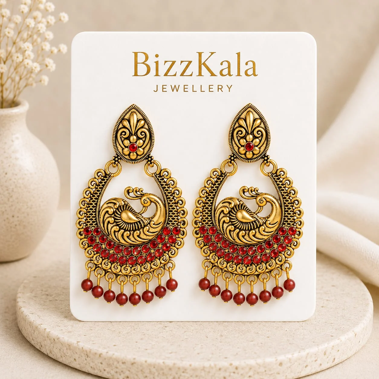 Red Peacock Antique Jhumka for Women - Image 1