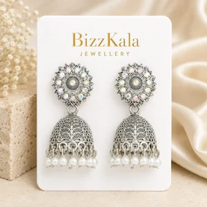 Silver Floral Pearl Jhumka for Women