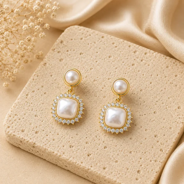 Square Pearl Crystal Drop Earrings for Women