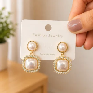 Square Pearl Crystal Drop Earrings for Women - Image 4